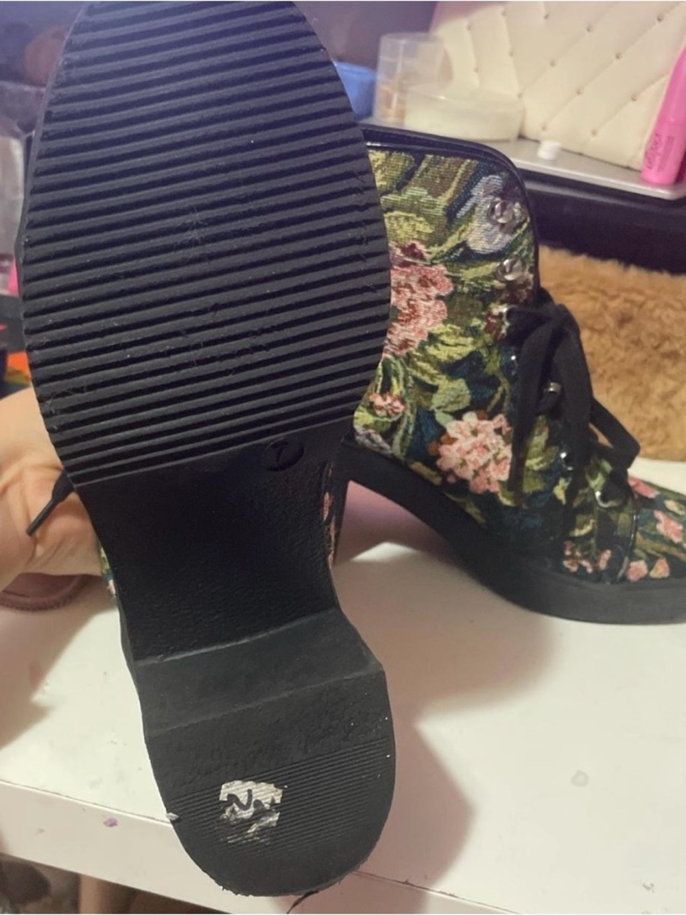 Steve Madden Black Floral Lace-Up Block Heel Ankle Boots - Picture 4 of 5